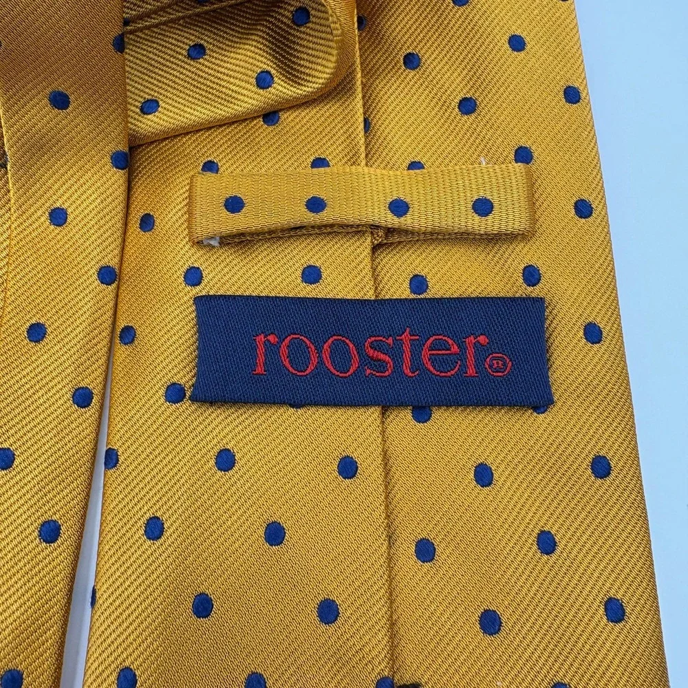 Rooster Mens Silk Necktie‎ Mustard Yellow Blue Polka Dot WPL 13303